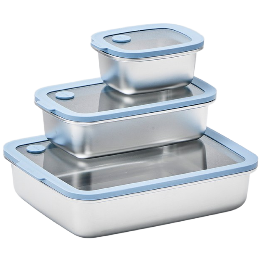 도우르 304 스텐 밀폐용기 진공 보관용기 전자레인지가능 모든열원가능 낮은용기 세트 3종 (250ml+600ml+1600ml) 60,000원