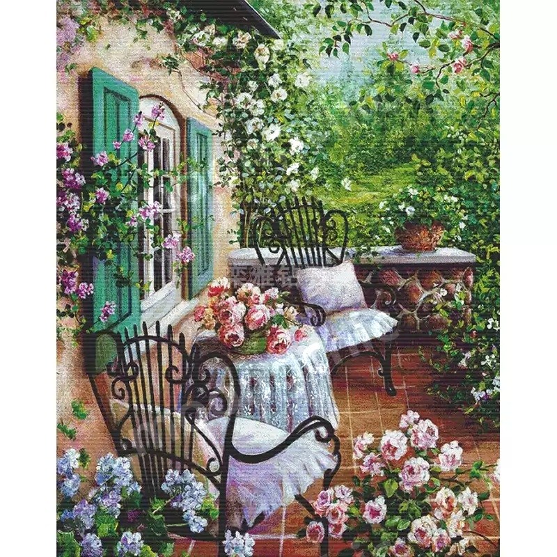 뭉시크 레진 사각 보석십자수 꽃 가득한 유럽 베란다, 1개, 60 x 75cm 45,000원