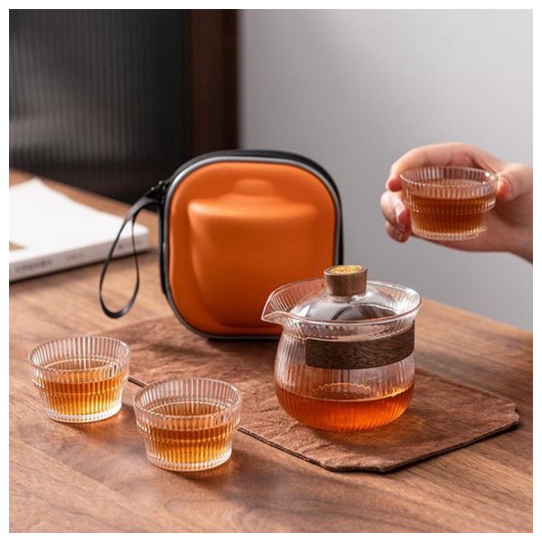 [로하티] 더우림 휴대용 내열유리 다기세트(3인) (플리츠), 1개 34,100원