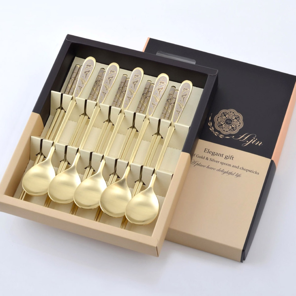 H. JIN현진카라 티타늄수저 5벌세트+포장+쇼핑백/ 예쁜수저세트 외국인선물 신혼수저세트 남자친구어머니생신선물 남자친구집인사선물, 5세트, 수저세트, 골드 55,000원