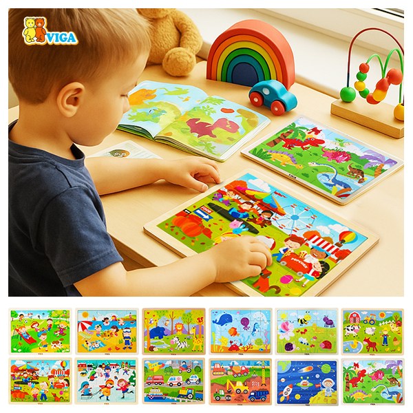 [VIGA] 24피스 원목 퍼즐 12종 / "농장부터 은하수까지! 상상력 대폭발 퍼즐 세트" 11,900원