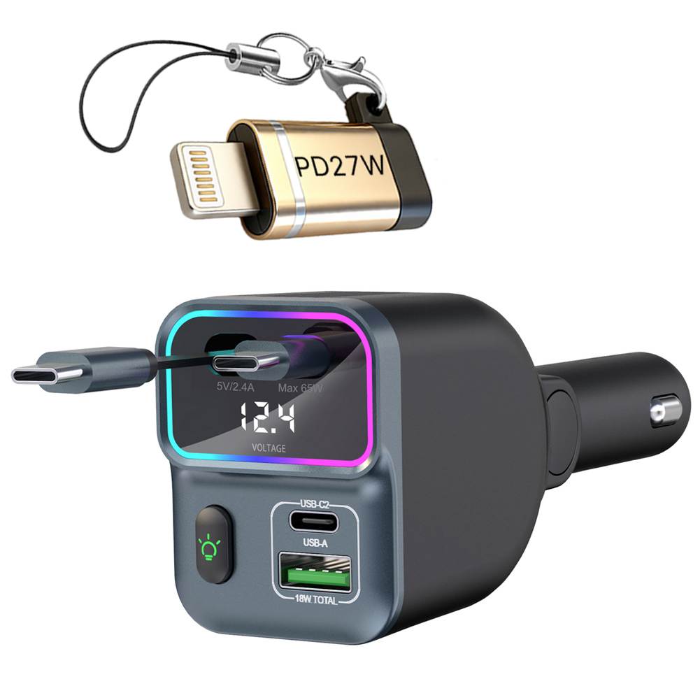 SUNRIVER 차량용 초고속 충전기 Type C 릴 케이블 2개 아이폰 젠더 포함 신축 케이블 4in1 동시 4대 충전 자동차 전압 실시간 모니터링 멀티 컬러 분위기 라이트, 차량용 충전기 GC15A-Type-c+Type-c 21,840원