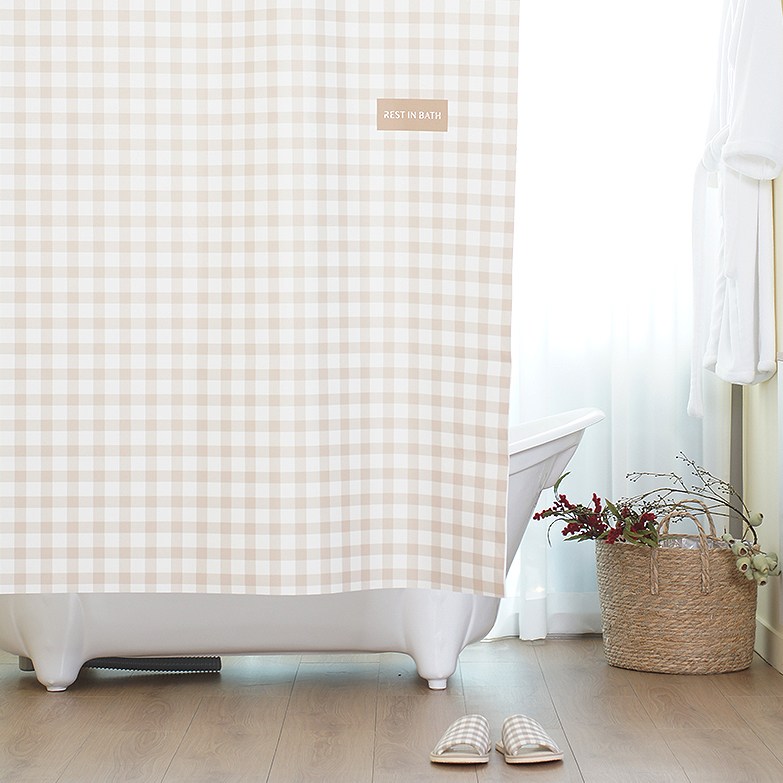 브라우니체크 욕실 방수 패브릭 커튼 (메탈 커튼집게 증정) 39,800원