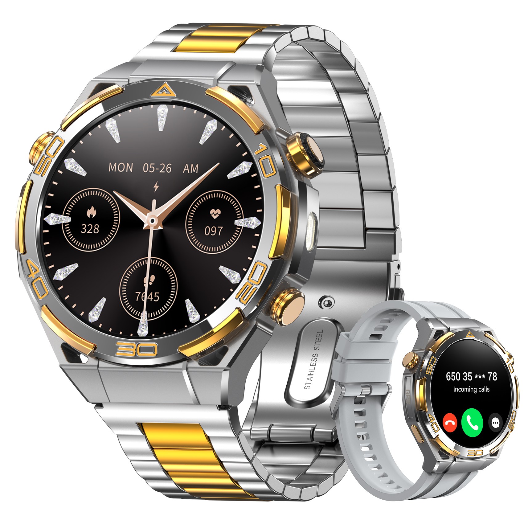 IOWODO W90pro 아웃도어 스마트워치 남성 시계 1.43인치 스틸밴드 GPS 운동경로 나침반 기상 메시지 알림 혈중산소 심박수 수면 스트레스 측정 건강 모니터링, GPS + 블루투스, 4.8cm, 은색 150,000원