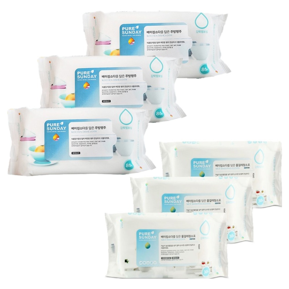 퓨어썬데이 선우랜드 베이킹소다를 담은 행주티슈 3p + 물걸레 청소포 3p 세트 12,600원