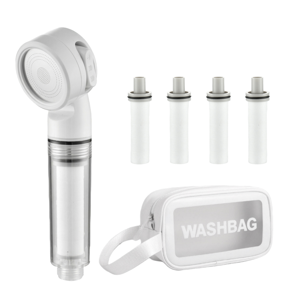 여행 겸용 수압상승 3단조절 필터 샤워기 헤드 / 필터 5P 포함 / 워시백 파우치 무료증정 / 고무 오링 포함, 밀크화이트, 1개 15,980원