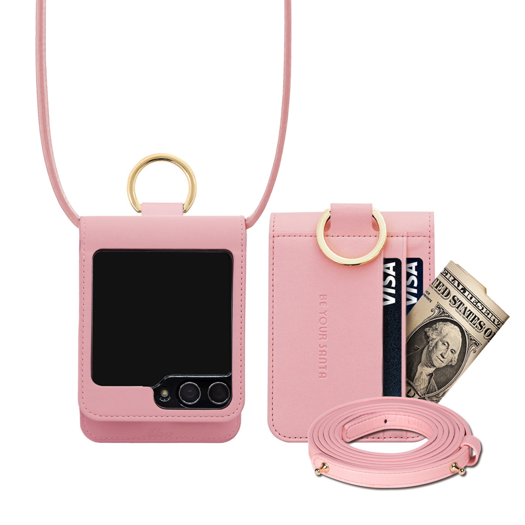 비유어산타 갤럭시 Z플립5 케이스 링 지갑 이태리원단 힌지보호 카드 수납 밀라노, 심플한 센스 스트랩세트 63,000원