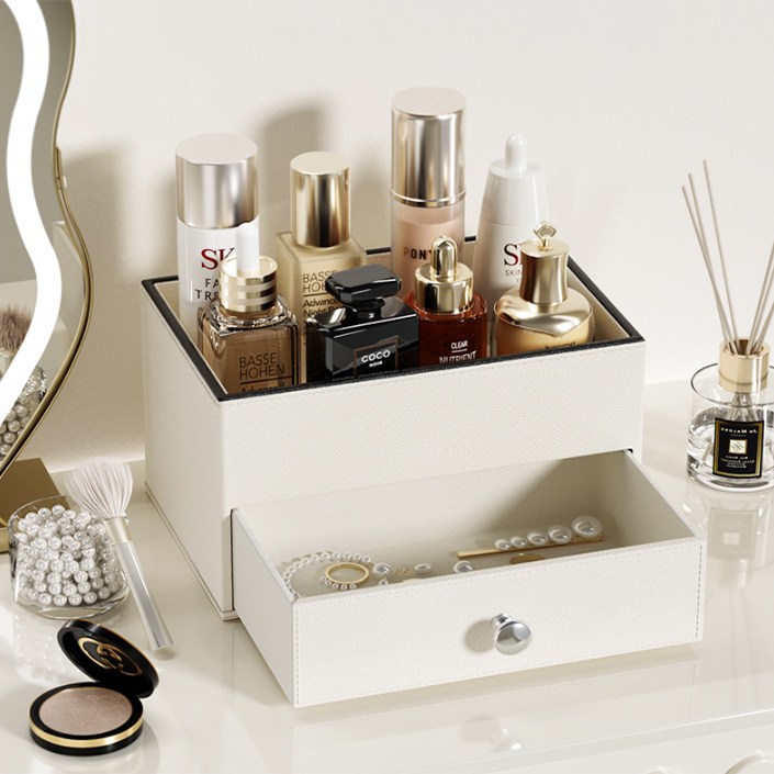 일상가 프리미엄 모던 심플 PU 가죽 다용도 트레이 화장품 정리함, 크림화이트, 1개 60,000원