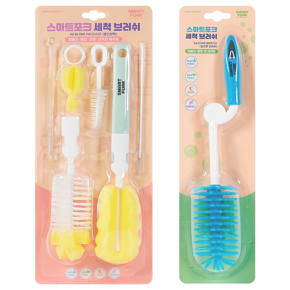 [스마트포크] 물병솔 젖병솔 젖꼭지솔 빨대솔 세척솔 스폰지 젖병브러쉬세트, 올인원팩 + 실리콘브러쉬, 1개 17,900원