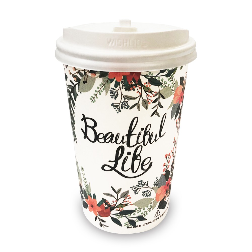 친환경 13온스 플라워 종이컵+개폐뚜껑(화이트) 100개 세트, 100개, 1개 14,800원