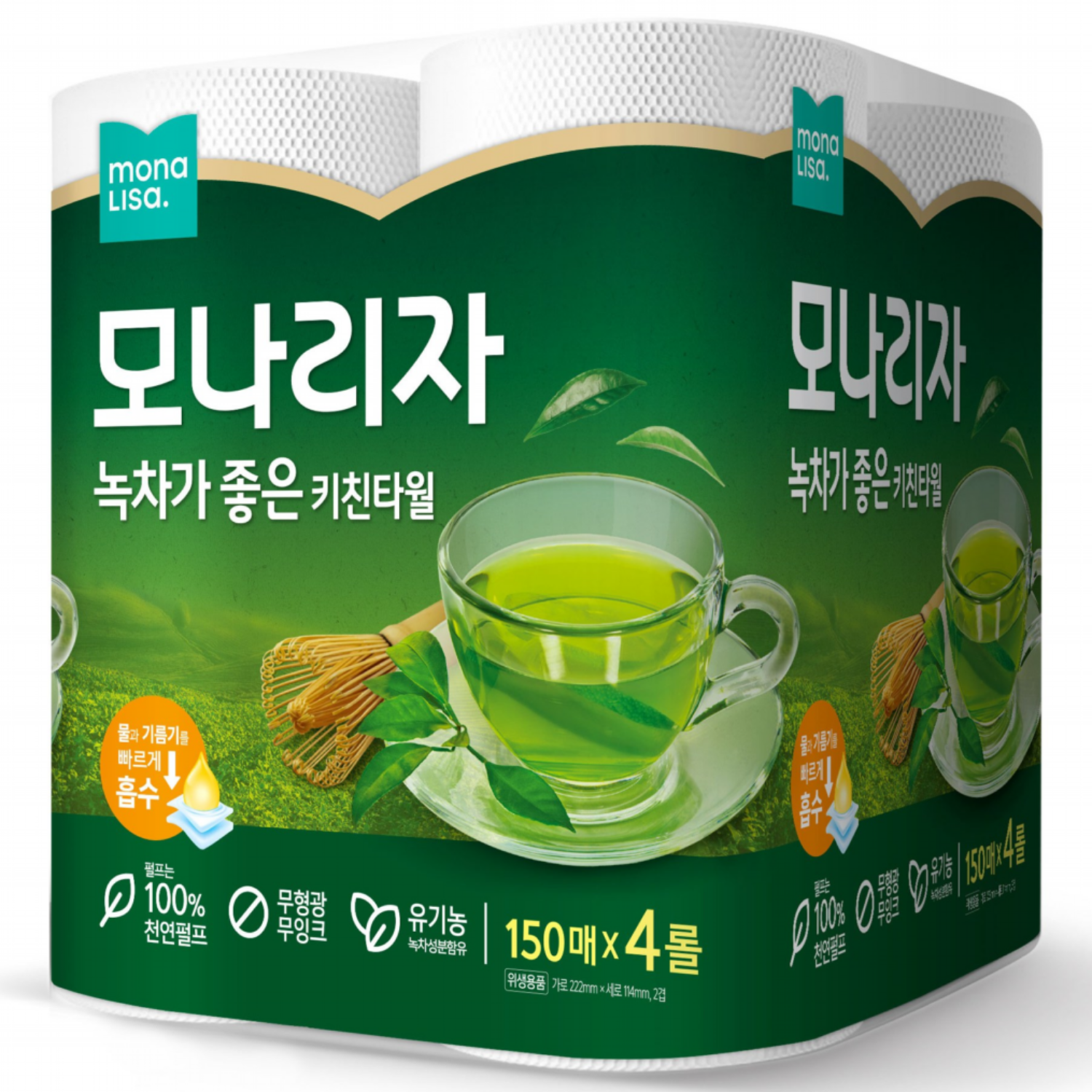 모나리자 녹차가 좋은 천연펄프 키친타올 150매, 1개, 4롤 6,160원