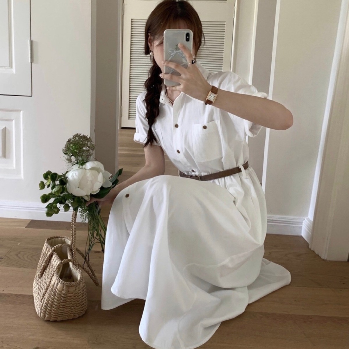 루어스룸 헤이즐 가을 클래식 코튼 반팔 카라 셔츠 벨트 버튼 단추 플레어 A라인 하객룩 롱 원피스 38,900원