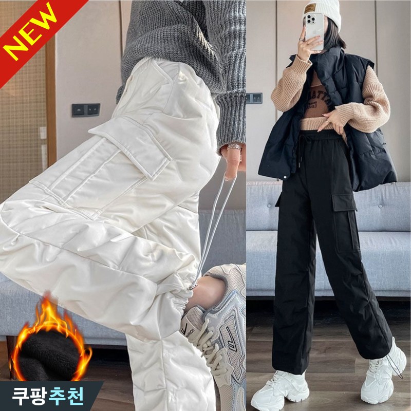 (신상 추천) 80kg까지 빅사이즈 여성 도톰한 패딩 외출용 카고 팬츠 겨울 편한 기모 보온 하이웨이스트 일자 방풍 솜바지 아웃도어 스포츠 조거팬츠 웰론 따뜻한 방한 롱 넓은 바지 28,790원