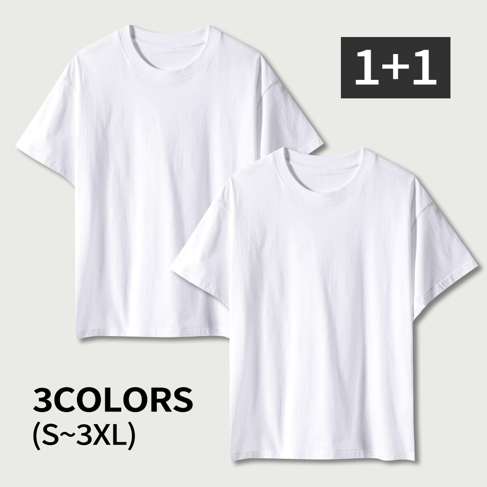 1+1 남녀공용 데일리 26수 순면 라운드 무지 반팔 티셔츠 9,000원