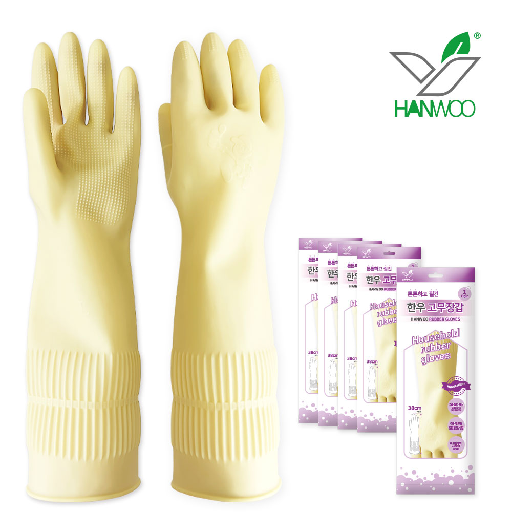 한우 고무장갑 튼튼한 고무장갑 밴드형 주방용 키친 업소용, 5세트, 대(L), 아이보리 10,700원