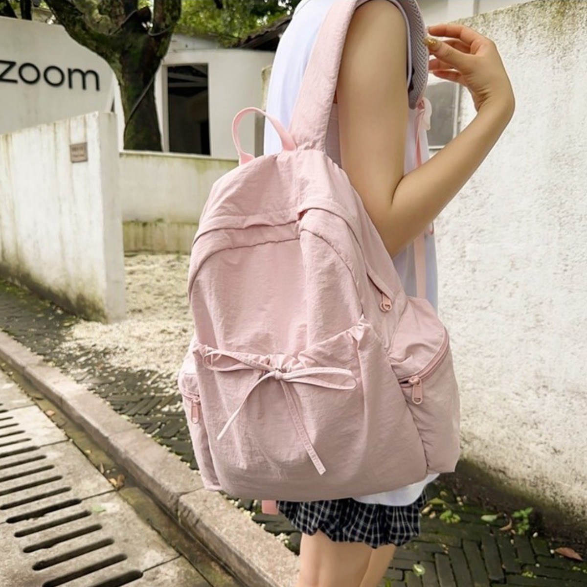 모스리나 파스텔 리본 셔링 백팩 경량 발레코어 여성 학생 가방 + 인형 키링 [SET] 22,900원