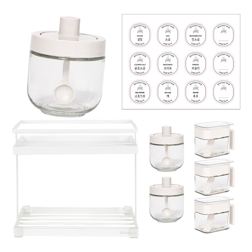 인블룸 스푼일체형 양념통 300ml  x 3p + 사각 양념통 손잡이형 300ml x 3p + 양넘통 전용 선반 2단 + 스티커 세트 35,400원