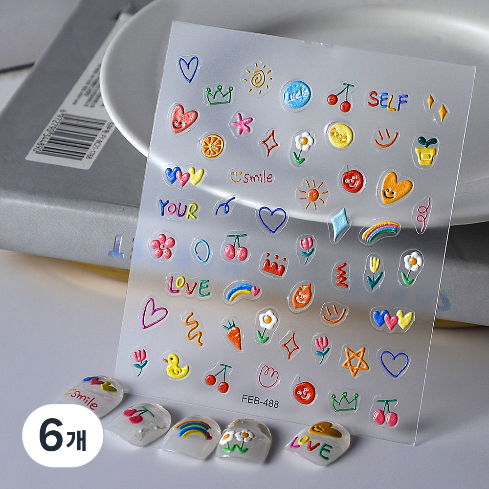 샵글로벌 DIY 화려한 엠보 네일아트 네일스티커 베어 스마일 하트 과일, 6개, feb488 23,580원