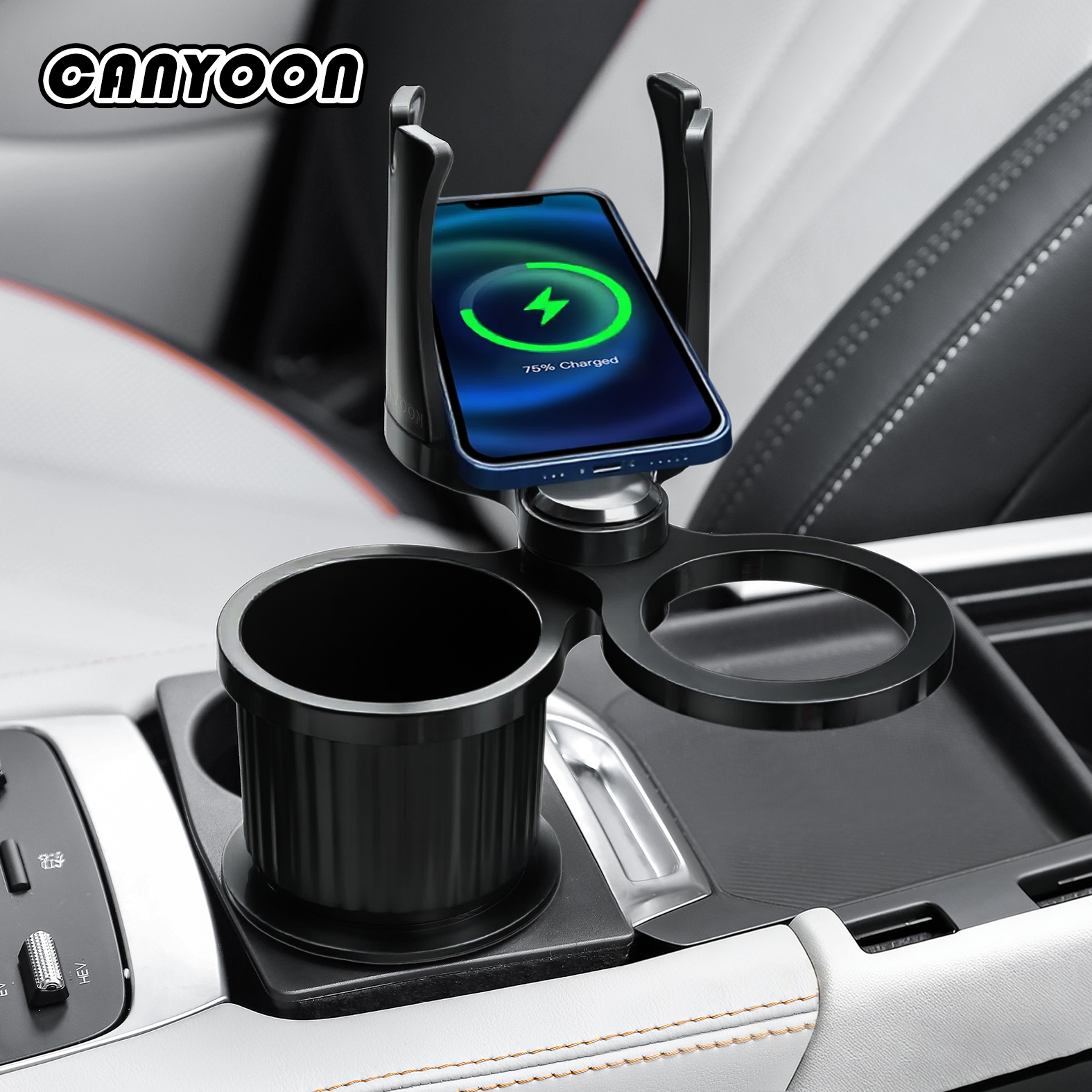 Canyoon 5in1 차량 컵홀더 핸드폰거치대 무선 충전 가능 차량용 대형 멀티 컵홀더 커피 음료 자동차 컵홀더 트레이 사이즈조절 JFYC108 16,900원