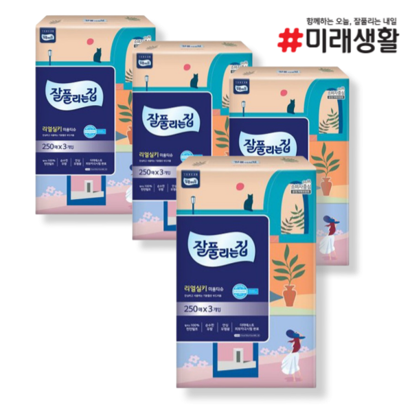 잘풀리는집 리얼실키 미용티슈 각티슈 250매 3입 4팩(12개) 24,900원