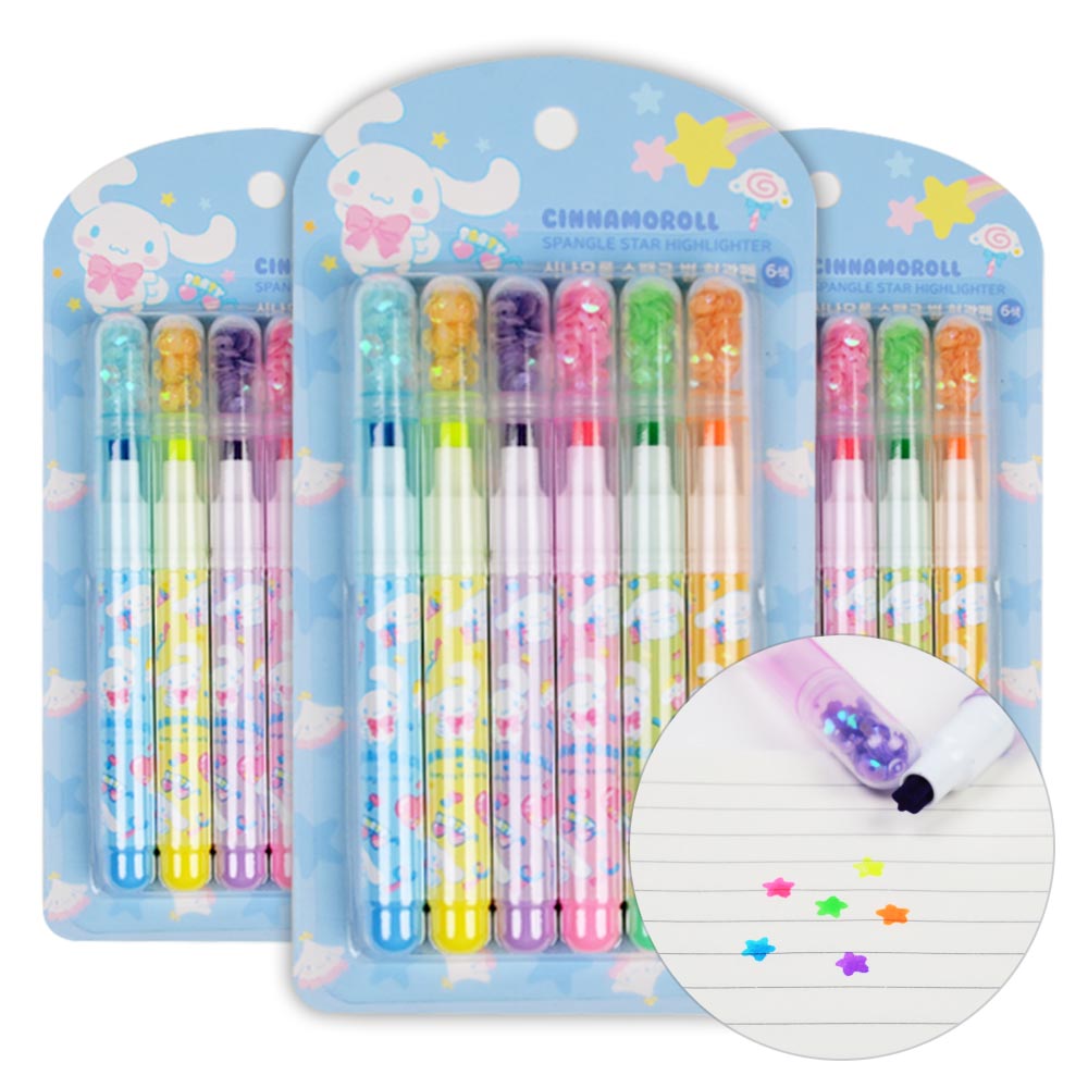 산리오 캐릭터즈 스팽글 형광펜 6색 (시나모롤) 1p 별 형광펜세트 3,200원