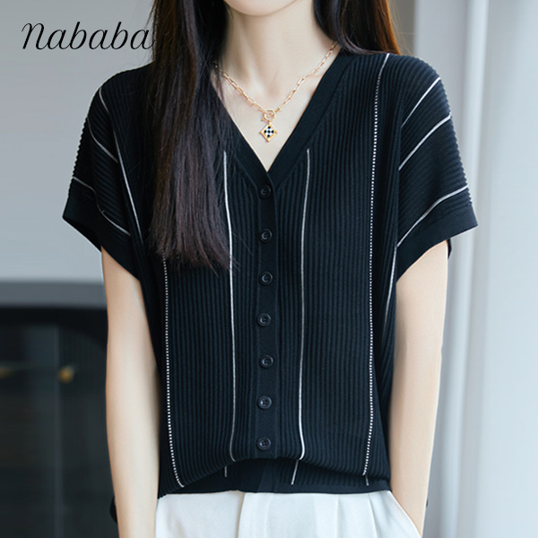나바바 NK3042 여성 단가라 골지 브이넥 반팔 니트 가디건 23,300원