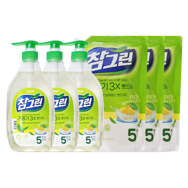 참그린 주방세제 녹차 기름기 뽀드득 용기 1kg x3 + 리필 1.2L x3 25,000원