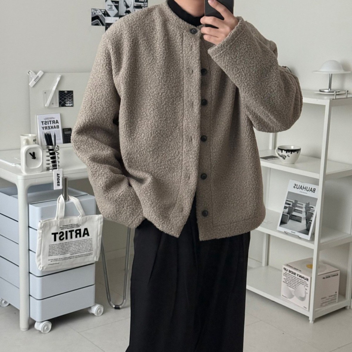 르위 오버핏 울 기모 양털 헨리넥 가디건 42,000원