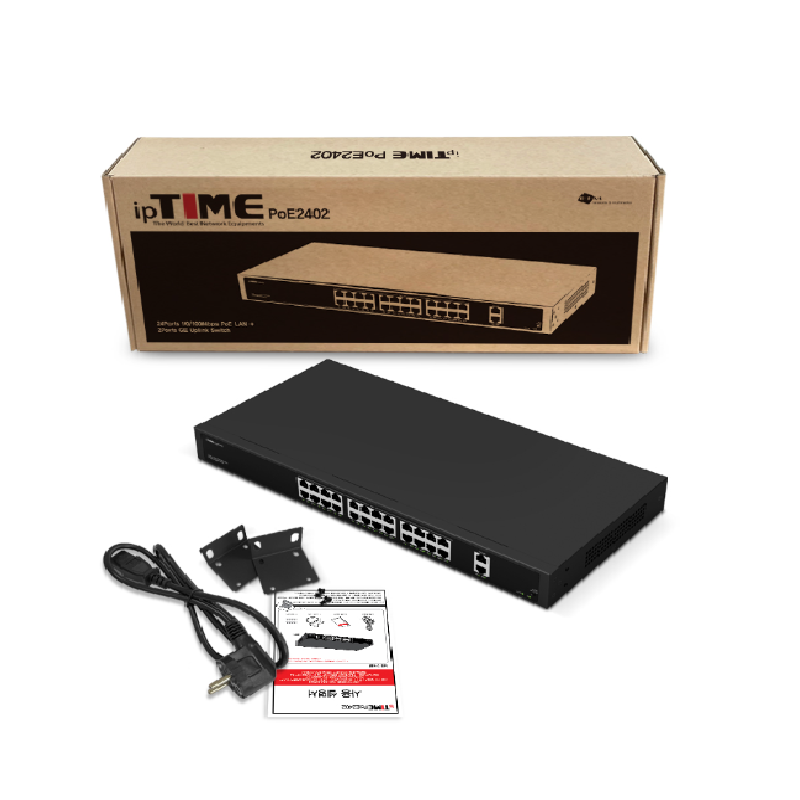 POE2402 아이피타임 24포트 PoE 지원 허브  2포트 기가비트 Uplink PoE 포트당 최대 30EW 총 400W 전력 지원  VLAN+Extender 모드 지원 189,000원
