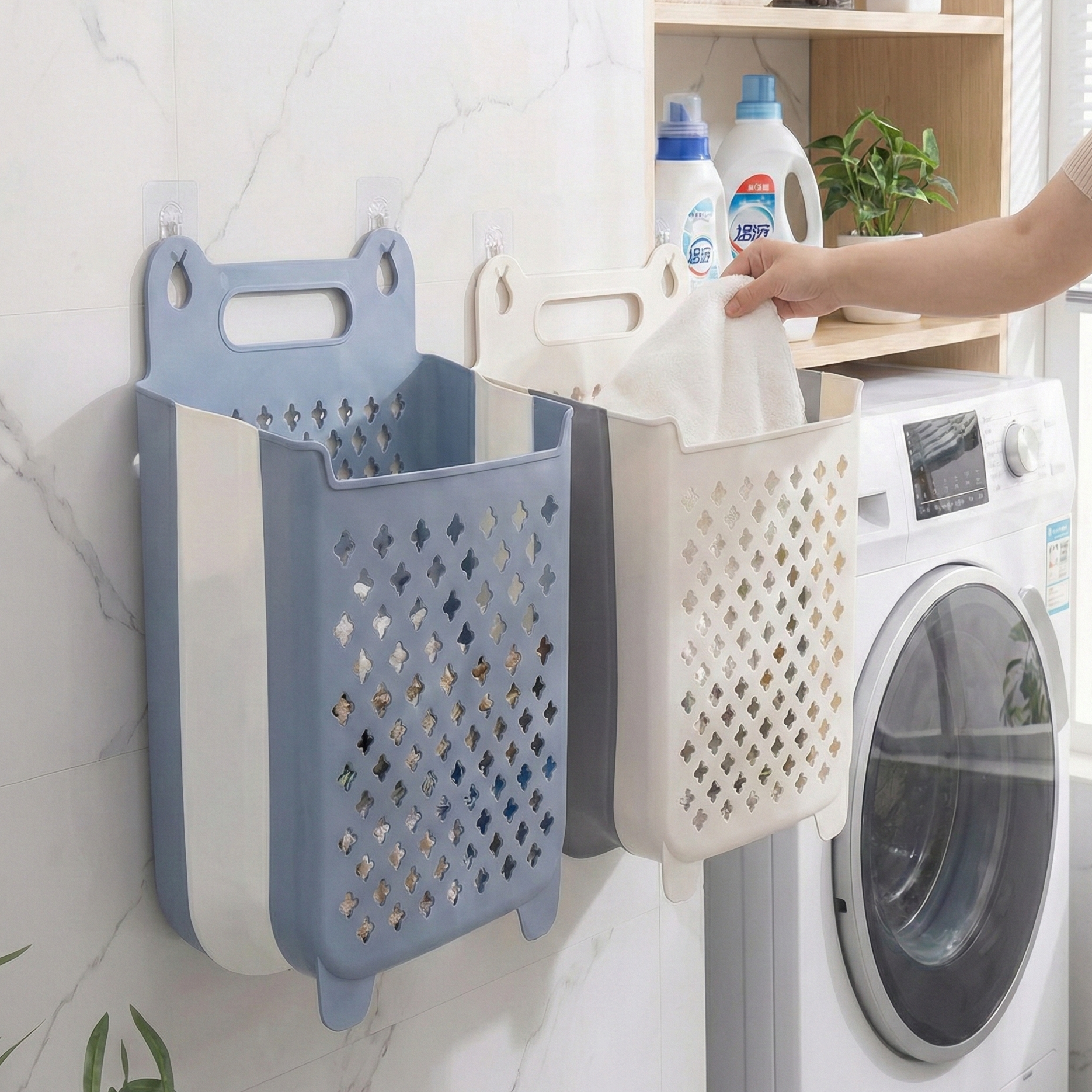웨이백홈 벽걸이형 접이식 빨래바구니 화이트 블루 세트 23,100원