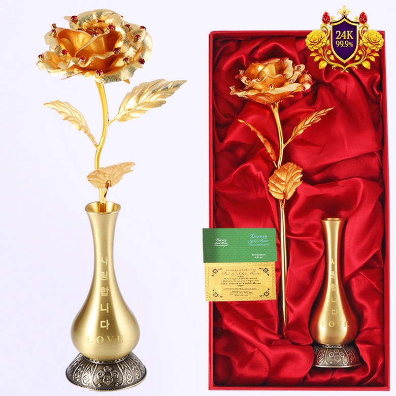 퀸 금카네이션 금장미 24k 레드스톤 황동화병 set , 꽃 금장미꽃set 어버이날 스승의날 부모님 결혼기념일 선물 생신 생일 여자 친구 이벤트 축하 선물, 사랑합니다 LOVE 황동화병, 1개 74,500원