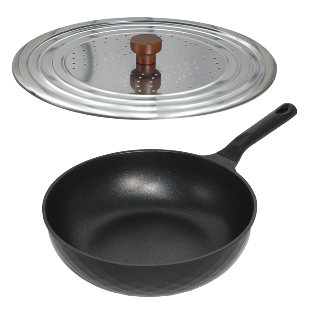 키친아트 꼬뜨 실버 IH 궁중팬 블랙 26cm + 우드핸들 스텐 프라이팬 타공 커버 28cm 세트 23,900원