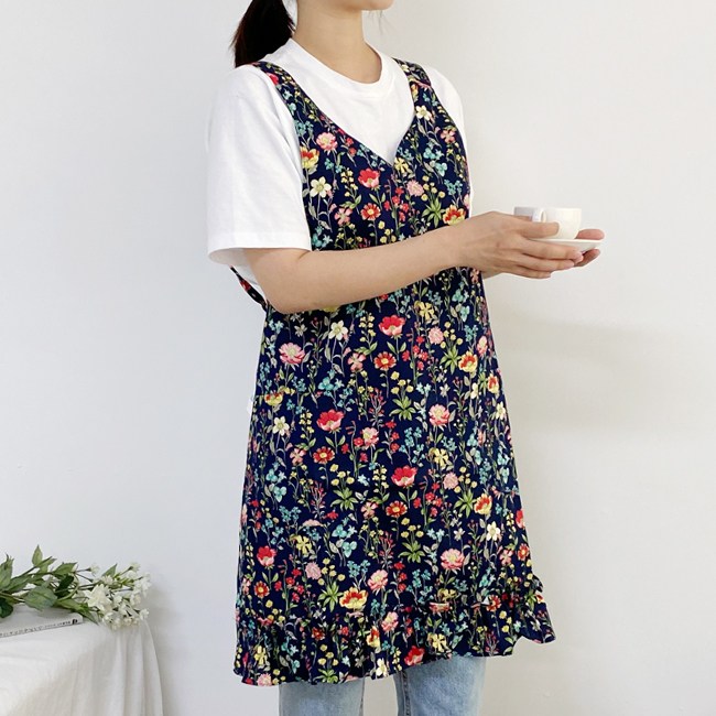 마이룸엔 네쥬 면 플라워 꽃 패턴 원피스 레이스 주방 리본형 방수 앞치마, 1개 27,000원