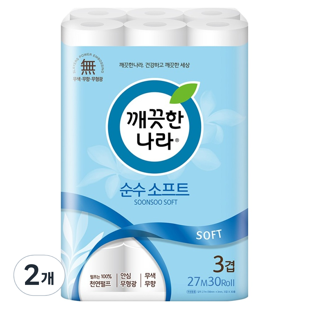 깨끗한나라 순수 소프트 천연펄프 3겹 화장지, 27m, 30롤, 2개 26,010원
