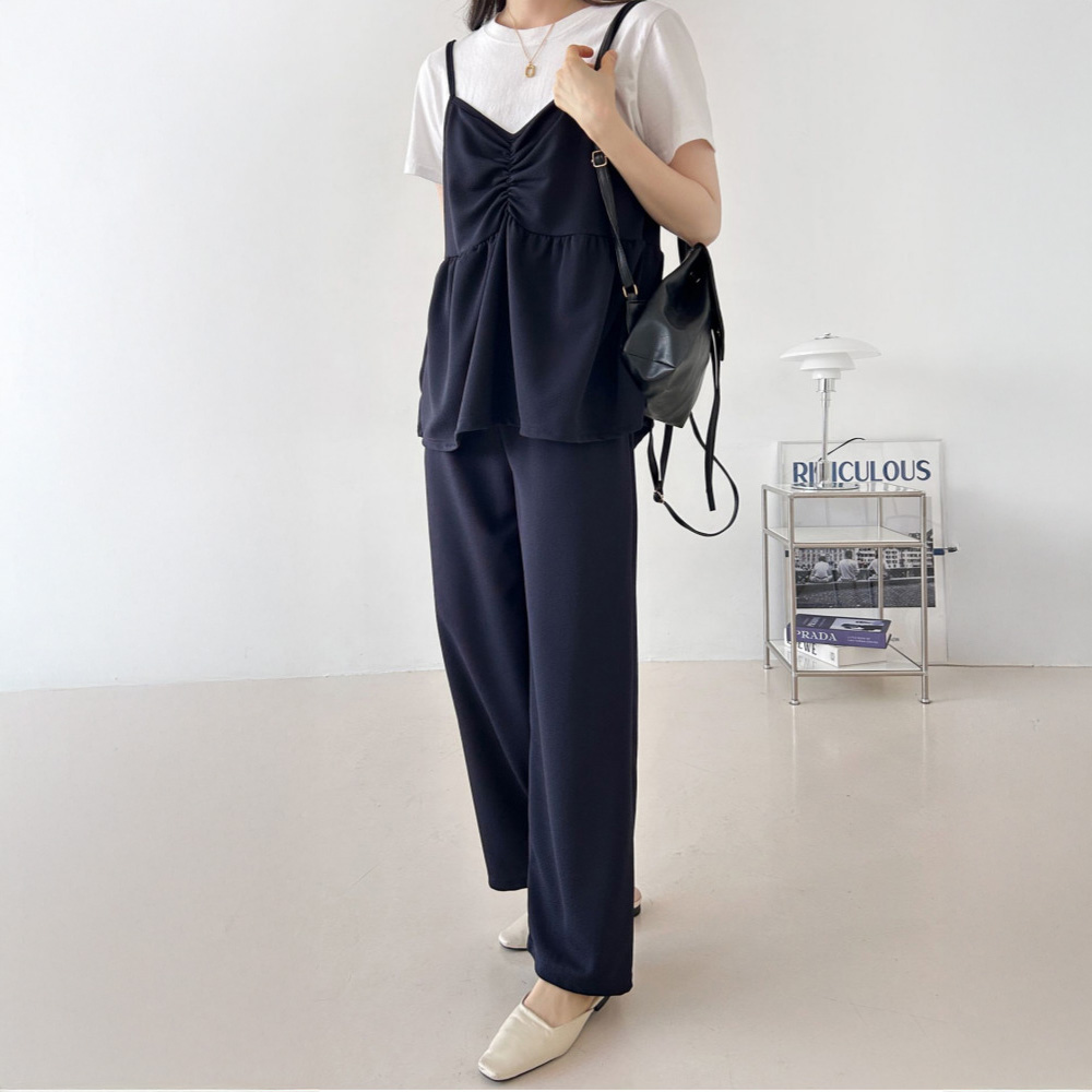 다미타니 국내제작 셔링 끈나시 밴딩 롱팬츠 세트 OCZ0939 18,900원