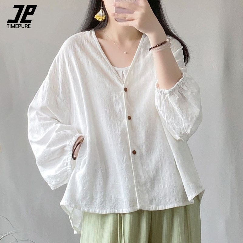 타임퓨어 여성 린넨 면마 브이넥 루즈핏 긴팔 가디건 빅사이즈 버튼 캐주얼 얇은 셔츠 봄 가을 편한 다용도 상의 19,880원