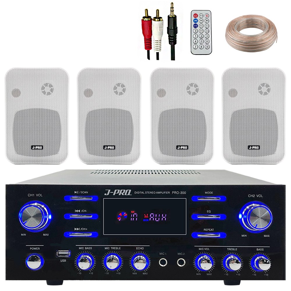 제이프로 300W 블루투스 매장용 카페 매장 업소용 벽걸이 미니 앰프 스피커 4개 세트+리모콘+PC선 1.5M+스피커케이블 40M 240,000원