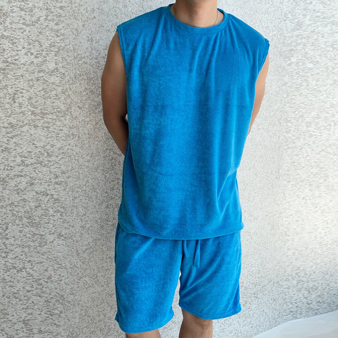 베럴댄나우 남성용 바캉스룩 오버핏 민소매 티셔츠 반바지 테리 타올 나시 세트 39,900원