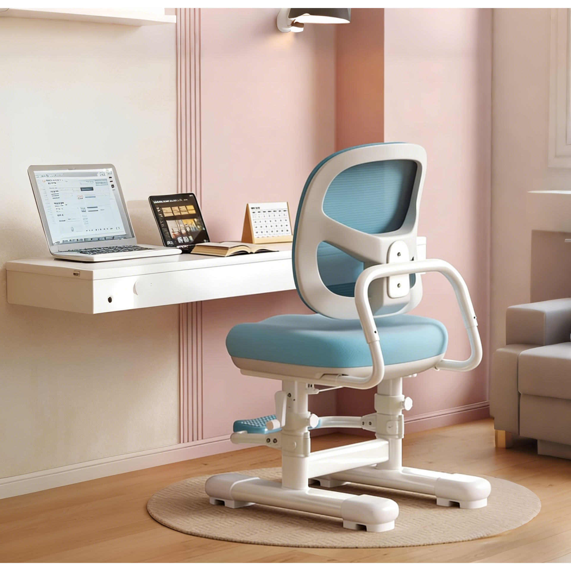 척추 보호 학생 공부 의자 다단계 높이 조절 발판 포함 편안한 착석감 학습 의자, 마린 블루 85,200원