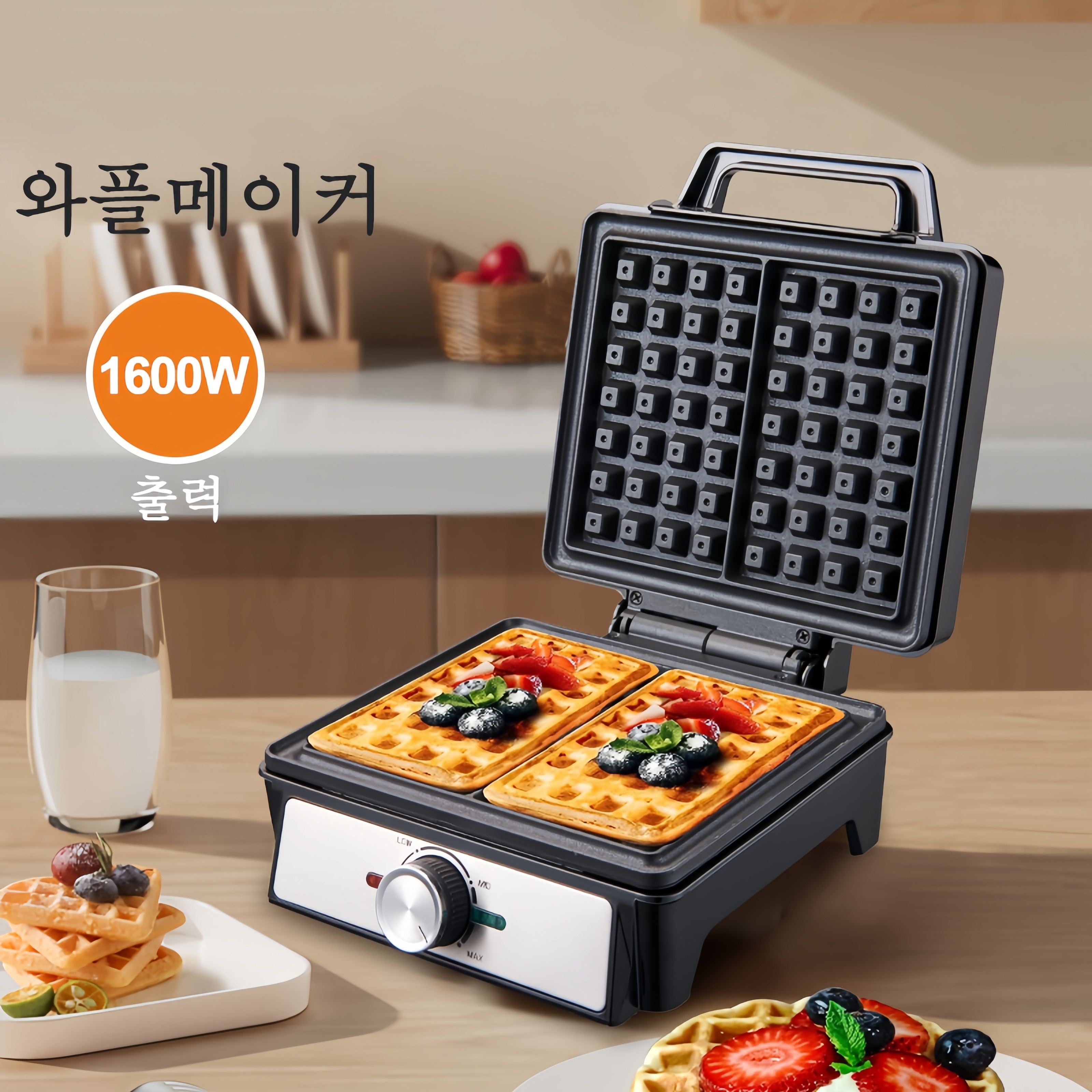 Mochae 와플메이커 가정용 샌드위치 메이커 다이얼 와플기계 양면 가열 분리형 와플제조기, 블랙 53,500원