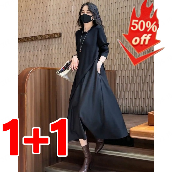 [타임세일특가!!] 가을 분위기 루즈핏 롱스커트 페이크 투피스 업그레이드 라운드 원피스 23,540원