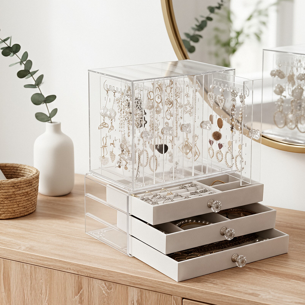 FlySwept 아크릴 액세서리 수납함 2단 벨벳 서랍 대용량 주얼리 박스 목걸이 귀걸이 정리함 화장대 정리 선물용 34,900원