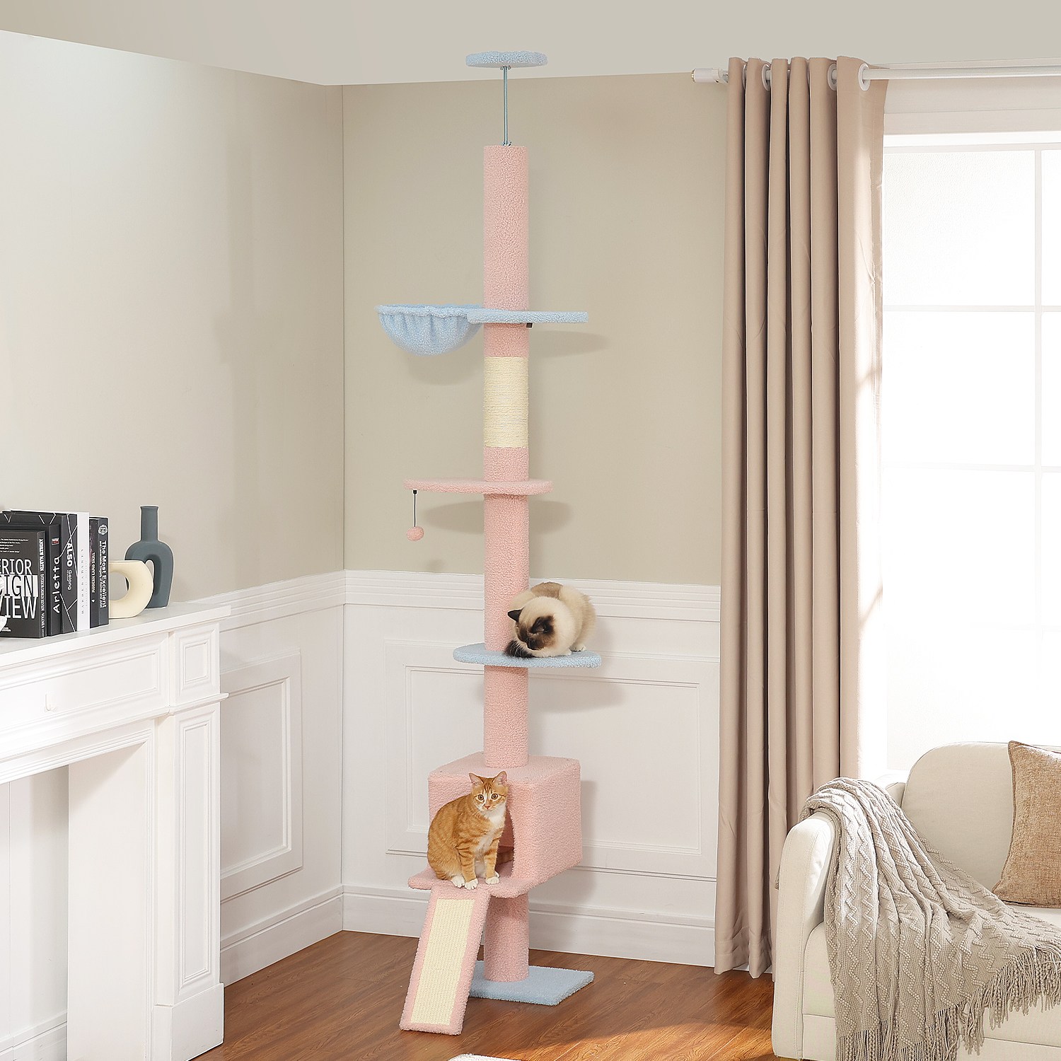 PAWZ Road 6단 대형 다색 패브릭 캣폴, 천장 고정형 높이 조절 캣타워 210-274cm,해먹+숨숨집+삼베 스크래쳐 겸용 사다리 49,980원