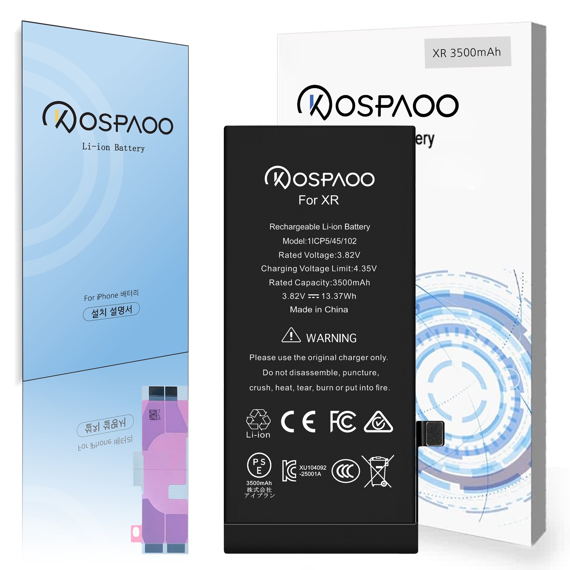 For iPhone XR 배터리 대용량3500mAh 증가 폭19.0% 616-00471배터리 한국어 설명서 KC인증 Li-ion Battery (No Tool), 1개, iPhone XR 대용량 배터리，분해 도구 없음 25,500원