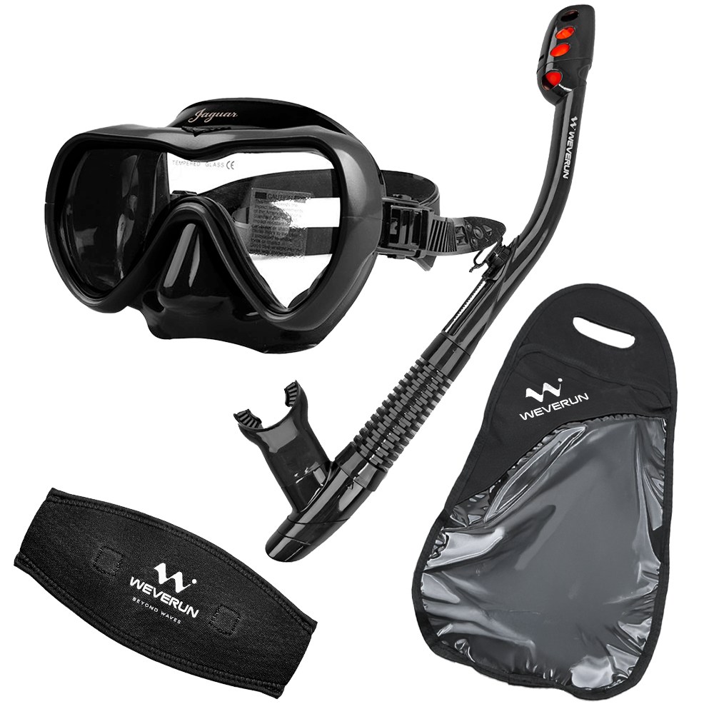 위베런 스노쿨링 마스크 재규어 스노클 세트 프리다이빙 물안경 장비 미러렌즈 자외선차단, 투명 블랙 세트 33,900원