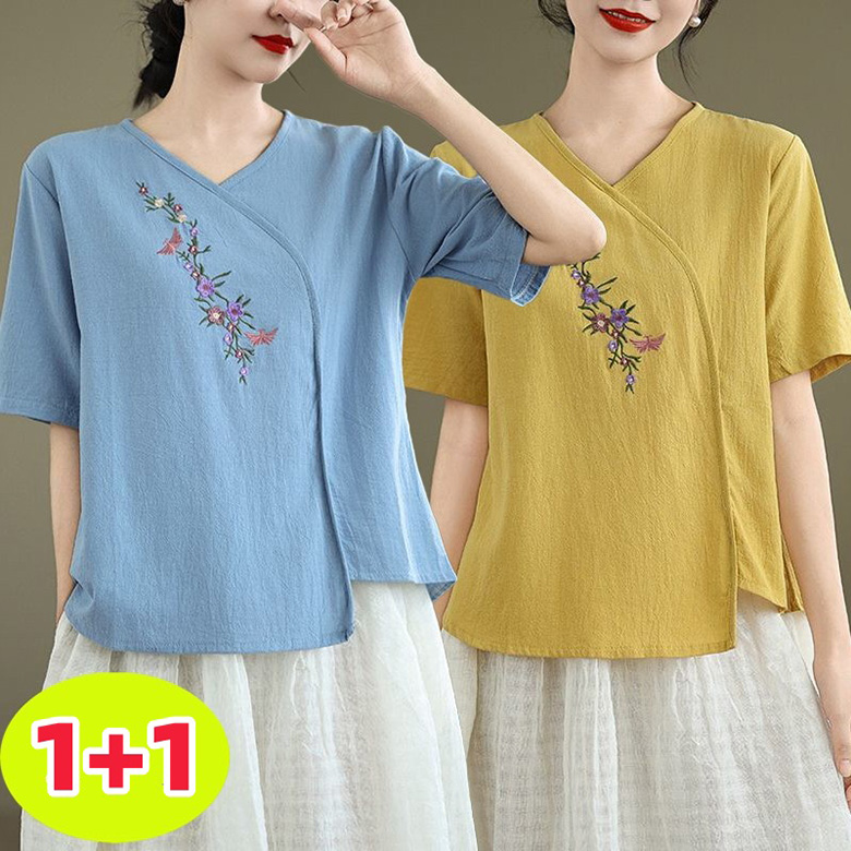 swygsqql 1+1 봄여름 여성용 면마 자수 브이넥 여성 반팔티 개량한복 린넨 셔츠 상의 23,500원