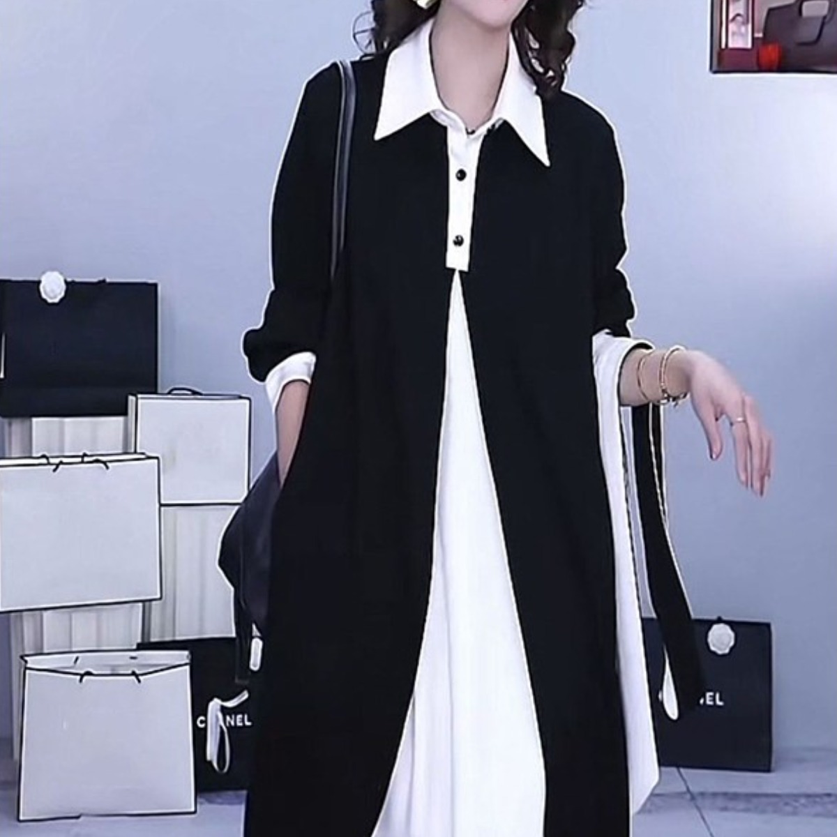 AOKADA 여성 봄 가을 루즈핏 레이어드 긴팔 셔츠핏 결혼식 하개룩 오피스룩 롱 원피스 22,380원