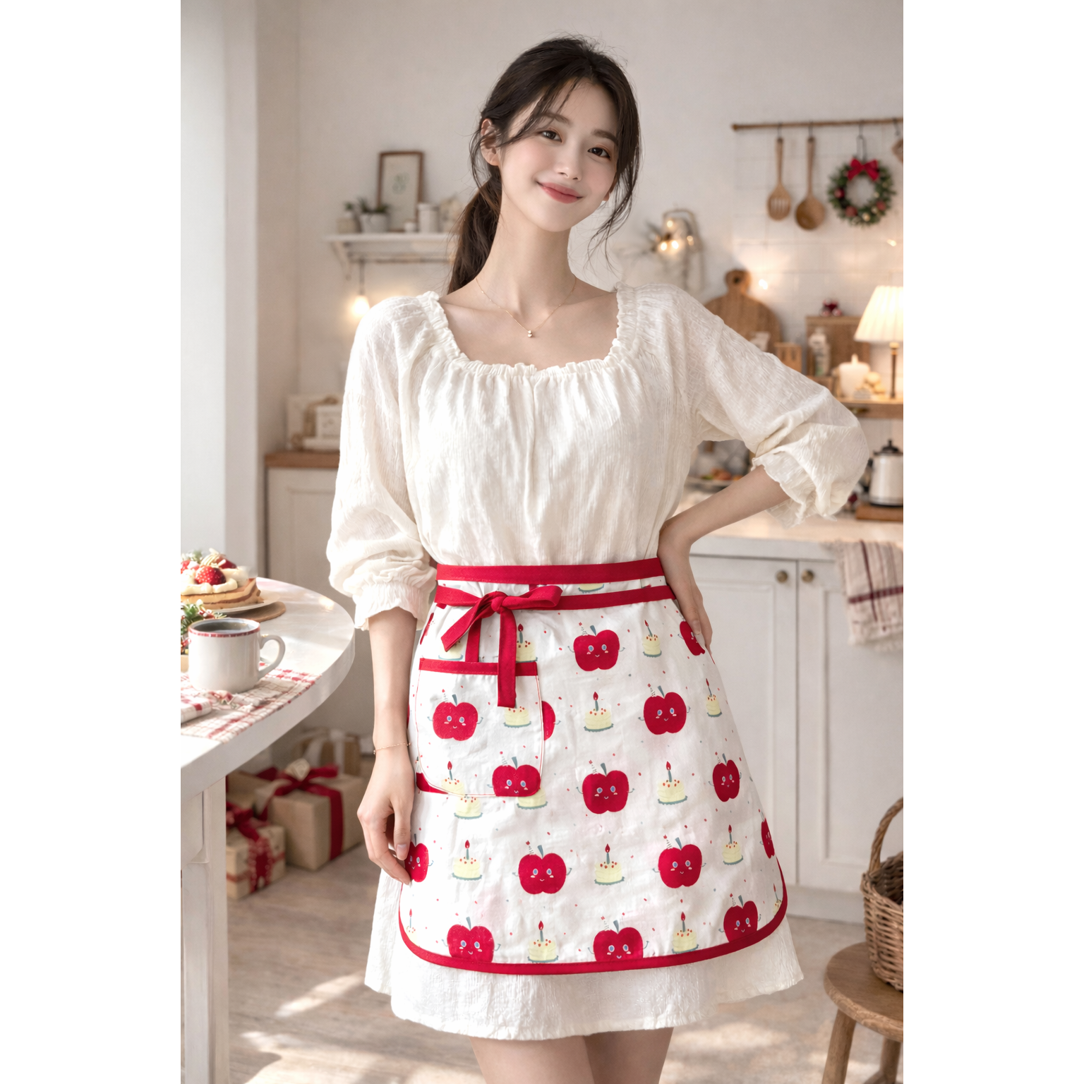 방수 방유 사과 패턴 허리앞치마 주방 카페 어린이집 포켓 앞치마, 1개, 빨간사과 8,900원