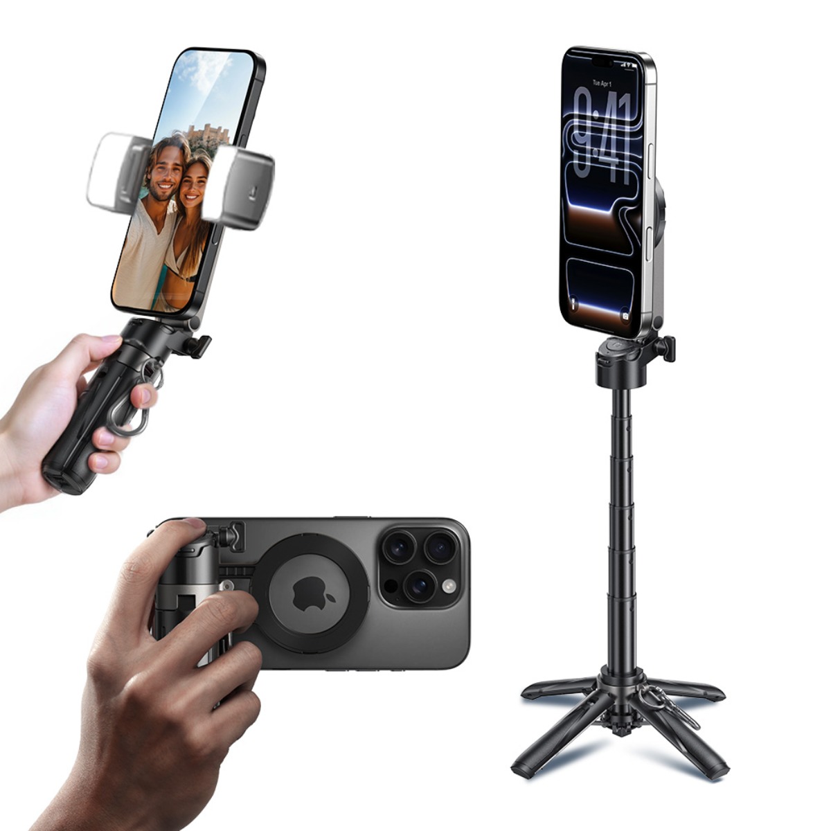 MAGIC JOHN 매직존 맥세이프 미니 무선 블루투스 휴대폰 삼각대/사각대 셀카봉 여행용 LED보광등 포함, 블랙, 현재가 35,980원