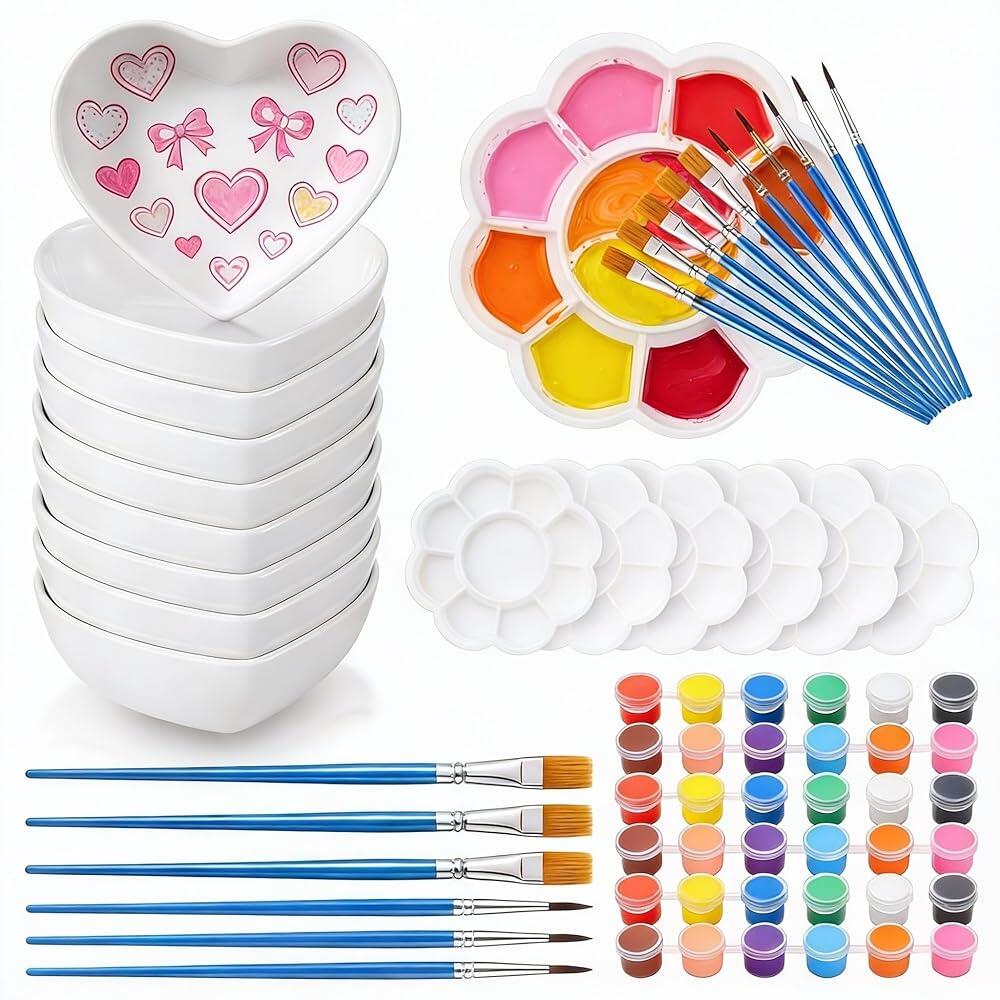 Potchen 발렌타인 데이 하트 모양 플레이트 파티 세트, 브러시 팔레트가 있는 나만의 하트 플레이트를 칠할 수 있는 도자기, DIY 도색되지 않은 페인트 키트 웨딩 발렌타인 72,600원